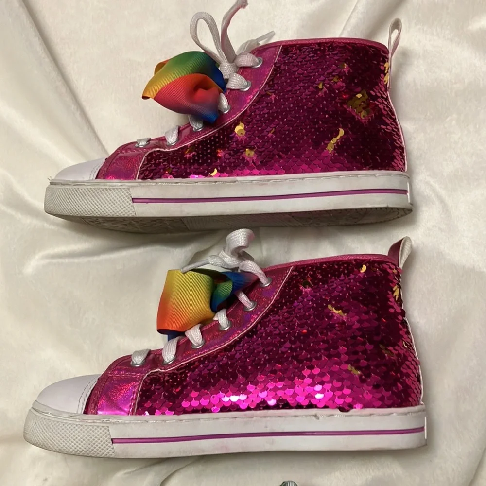 EUC Girls Size 3 JoJoHot Pink Sequin HighTop w/ Rainbow Bow, Bebe Boot, JoJoBow